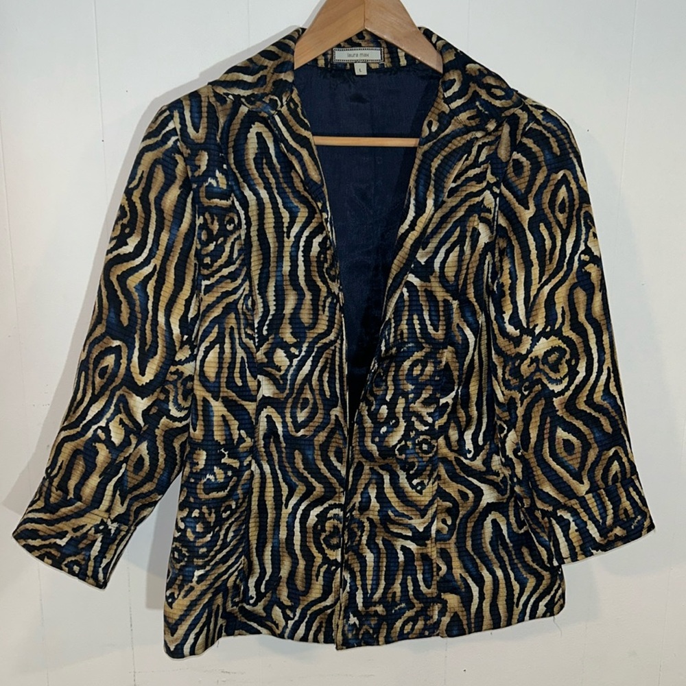 Laura Max Blazer Jacket Quilted Animal Print 3/4 Sleeve V Neck Size Large